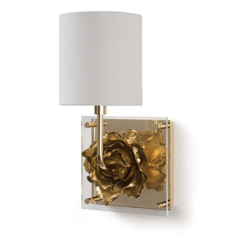 Isolated image of a wall scone with a rose detail on the fixture, and a traditional white rounded lampshade