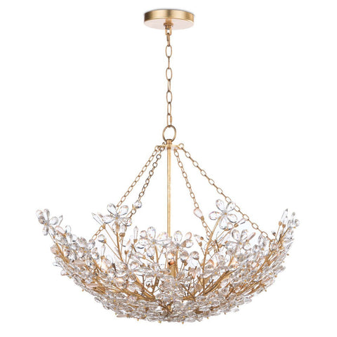 An isolated image of a beautiful basin chandelier. A golden chain holds a delicate basin made up of flowers. The stems are golden and the leaves are glass.