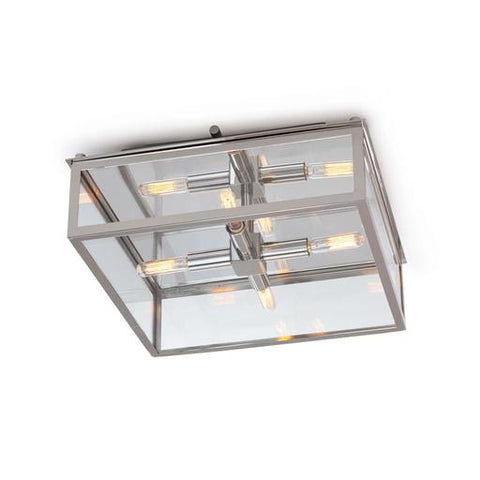 Isolated image of a chrome flush mount. A square glass box encloses a fixture with 8 bulbs.