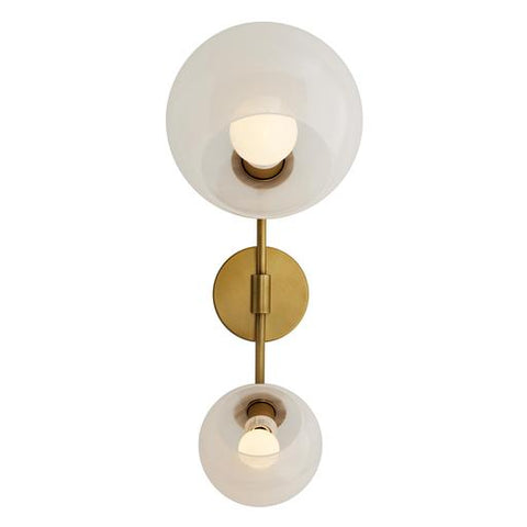 Isolated image of a scone with 2 lights, brass finishings and glass shades