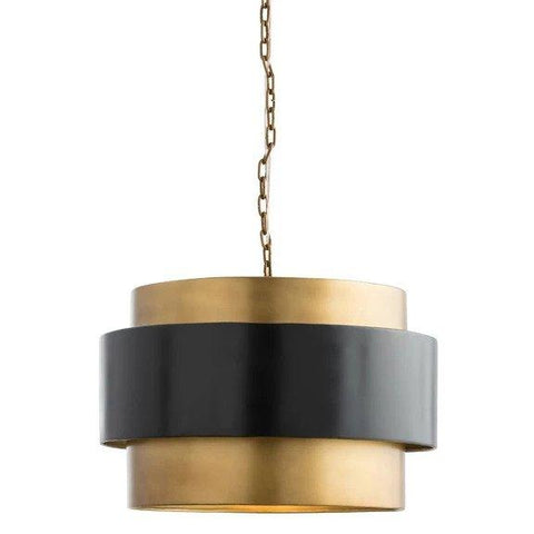 A drum pendant with an gold chain, golden inner drum, and black-finished outer drum